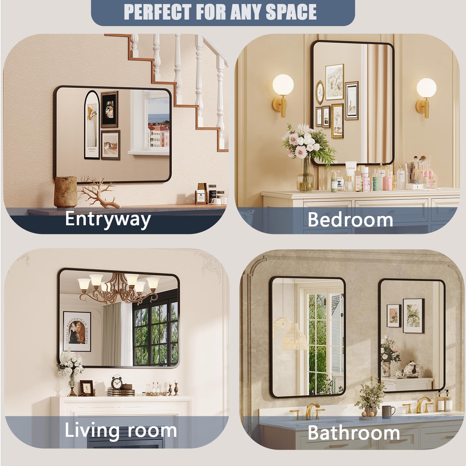 Black Bathroom Mirror for Over Sink - 22×30 Rectangle Bathroom Vanity Mirror Wall Mounted with Matte Aluminum Frame & Rounded Corners, Shatterproof Glass, Horizontal/Vertical